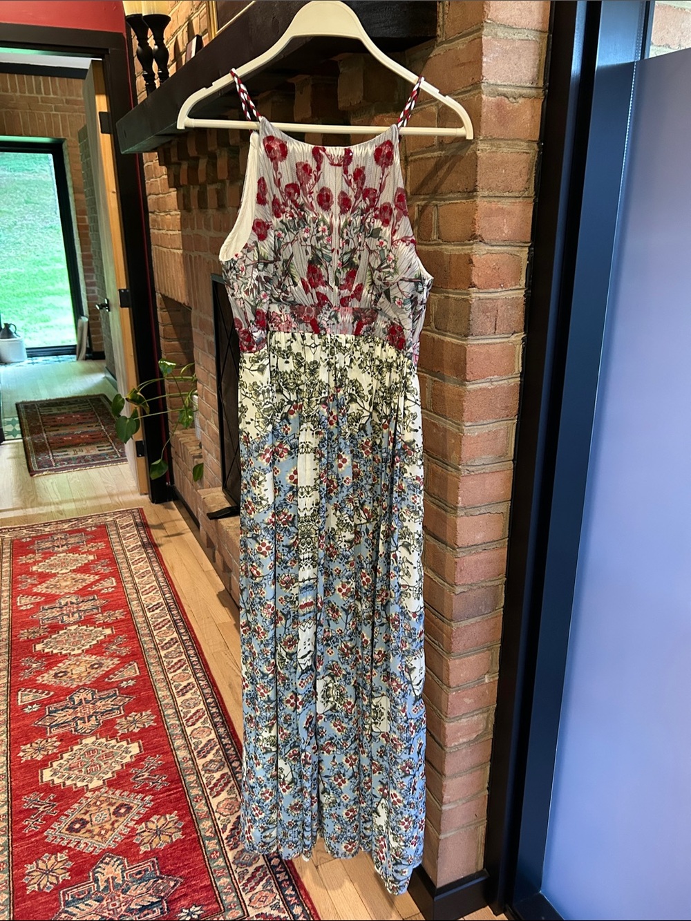 Mixed Floral Maxi Dress in White, Red & Blue